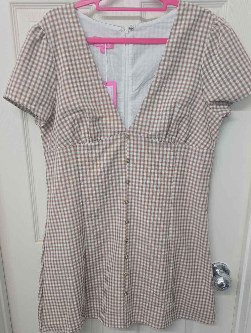 Edikted Beige and White Gingham Button-Front Romper